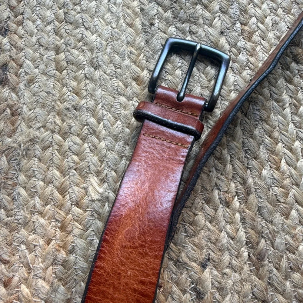 Mens Brown Leather Belt Gunmetal Square Buckle Casual Rugged Distressed 32-38